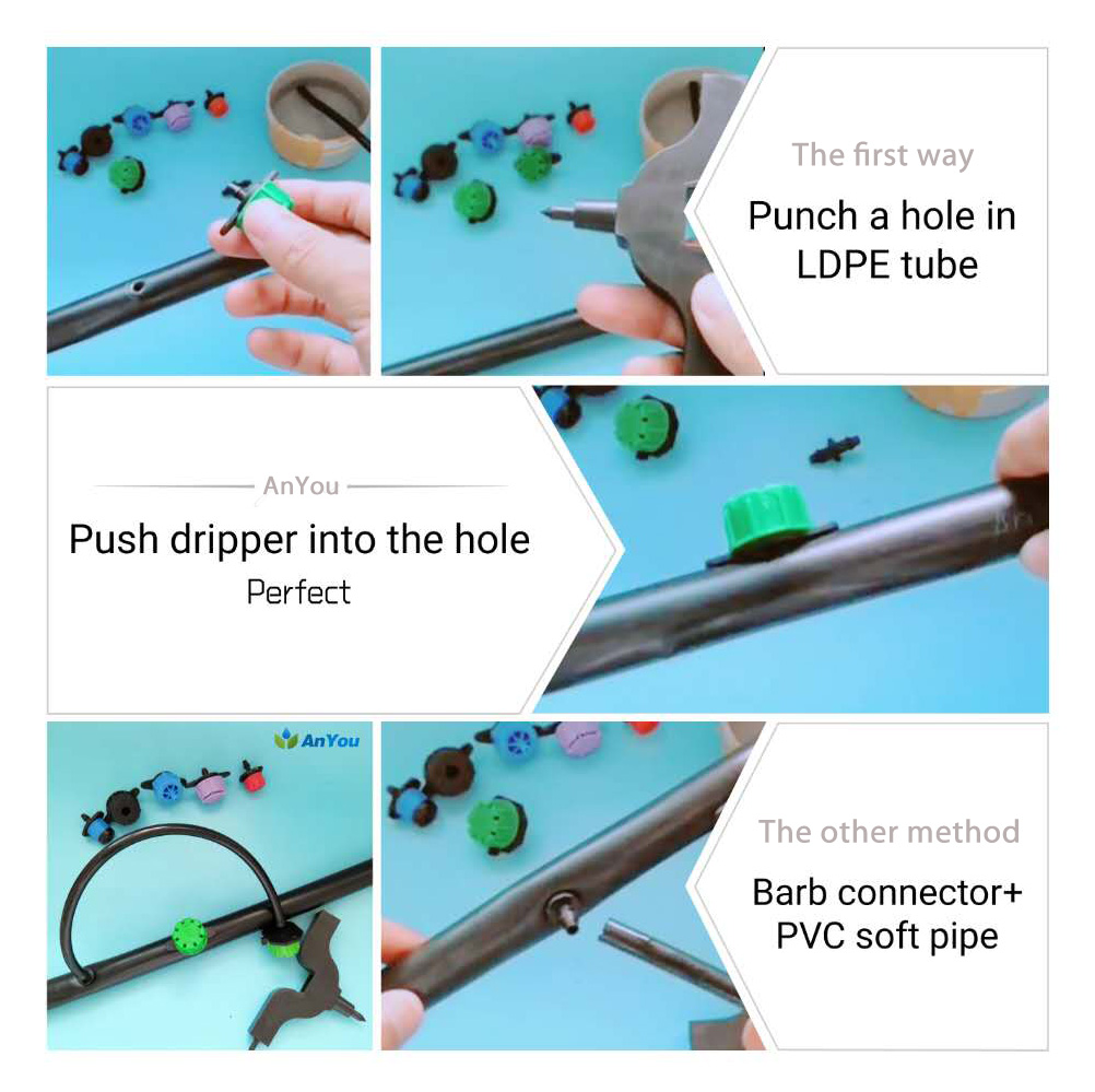 Two ways in which button drippers can be put into a drip irrigation system